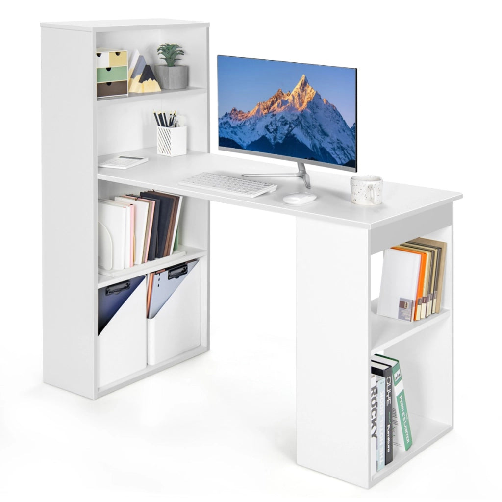 Scrivania per computer da 122cm con libreria, Postazione di studio moderna compatta con 6 ripiani Bianco