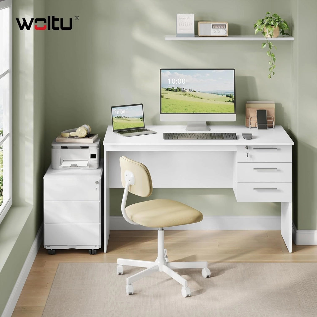 Scrivania con 3 Cassetti, 120x60 cm, Bianco, Tavolo da Lavoro, Scrivania per Computer, Porta PC in Legno