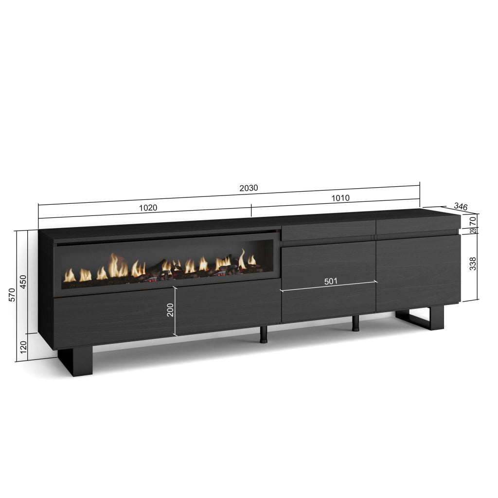 Mobile TV, 200x35x57cm, soggiorno, Per TV fino a 80", Camino elettrico, Design industriale, Nero RF2182