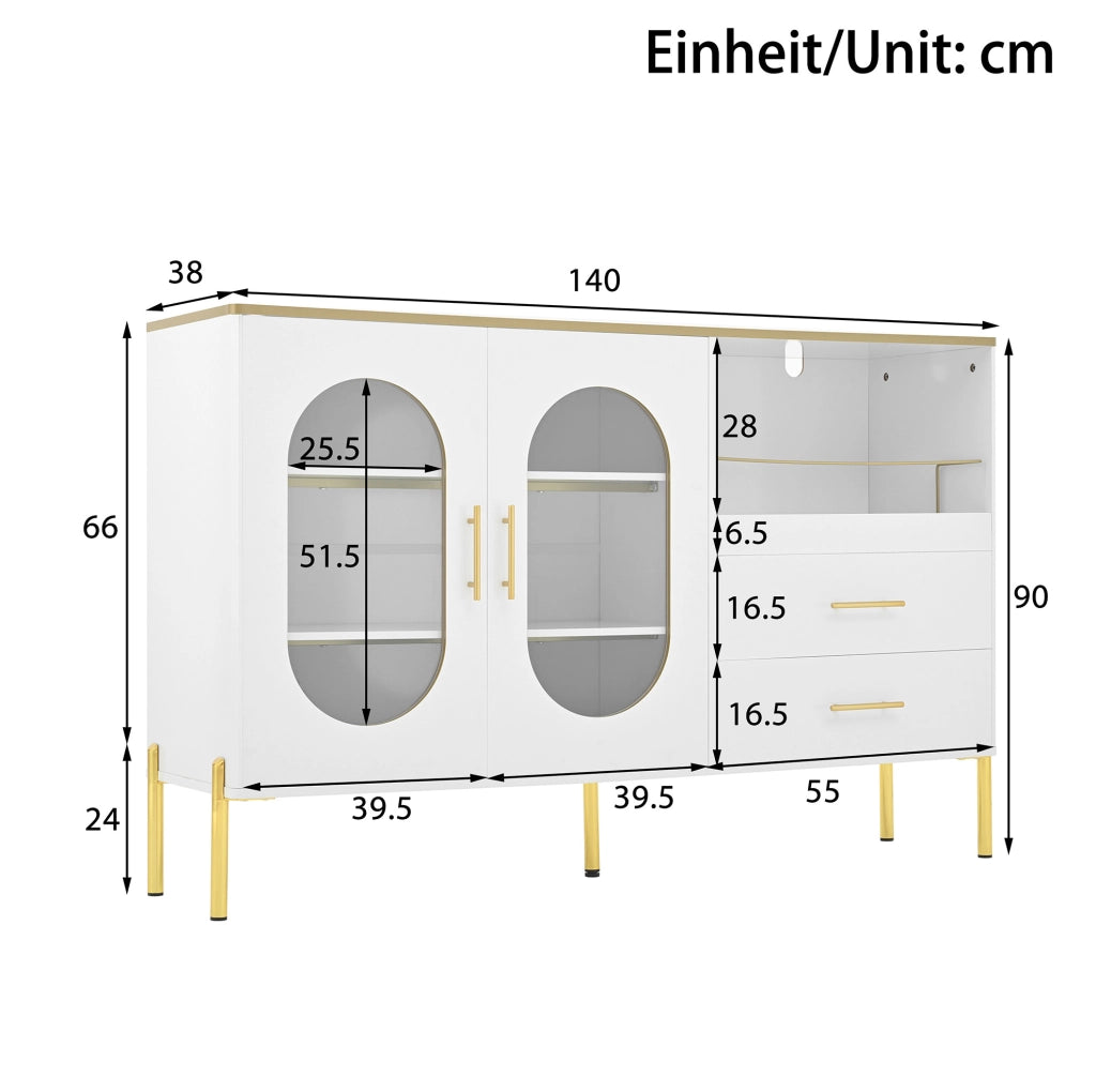 Credenza bianca 140 cm con 2 cassetti e ante in vetro