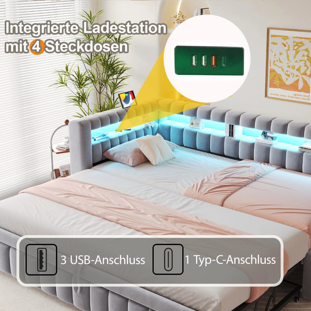 Letto estraibile singolo 90×200 cm con LED; USB; Type-C e ripiani; senza materasso; velluto; grigio chiaro