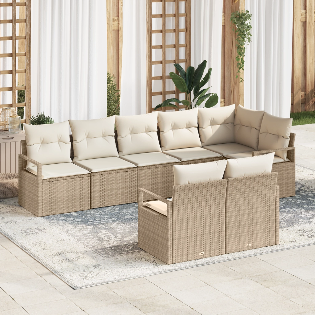 Set Divano da Giardino 8 Pezzi con Cuscini Beige Polyrattan