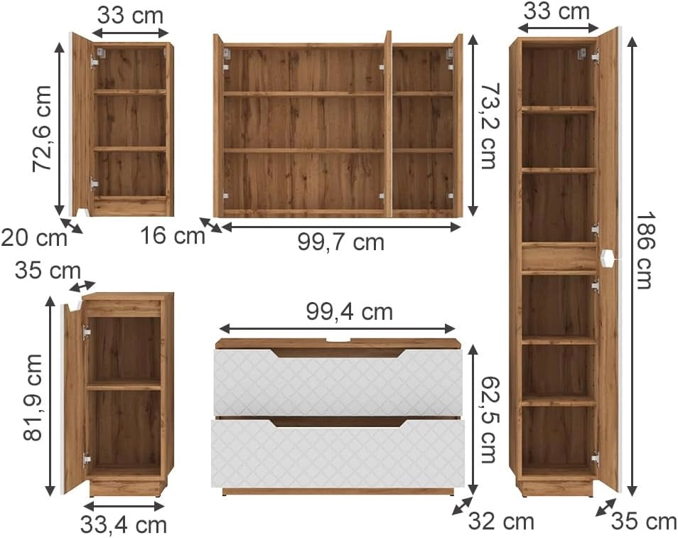 Set di mobili da bagno Lotta, Bianco, 99.4 cm, composto da mobile sottolavabo, specchiera, colonna, base media e pensile