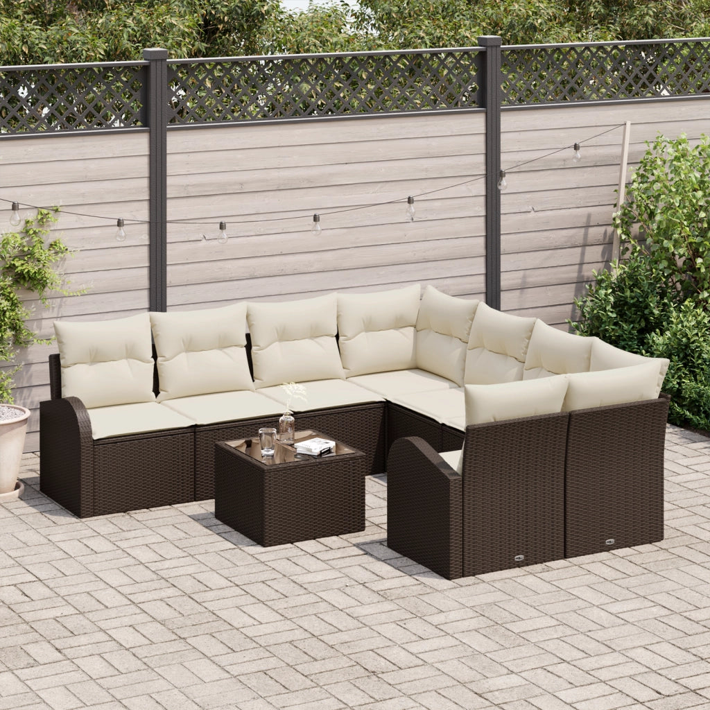 Set di divano da giardino in 9 pezzi con cuscini in rattan sintetico marrone