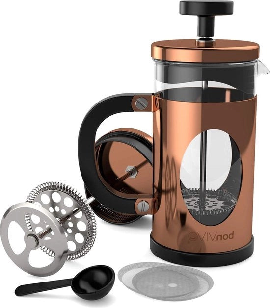 Caffettiera a stantuffo in acciaio inossidabile con beaker in vetro - manuale con finitura in rame - pressa caffè piccola - 12 oz - 0,35 l stantuffo in acciaio inossidabile