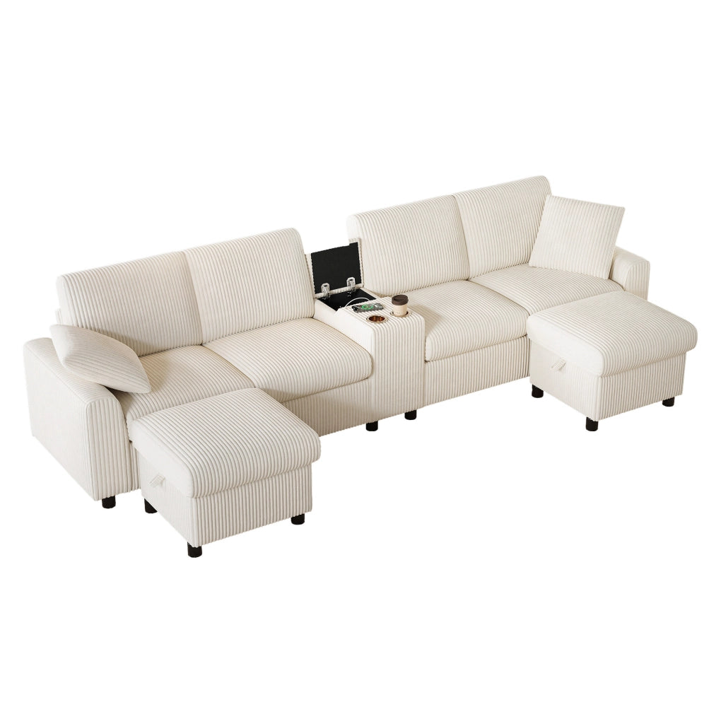 Divano a U in velluto a coste beige con contenitori, tavolino e prese integrate