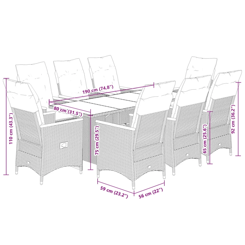 Set da Pranzo da Giardino 9 pz con Cuscini Nero in Polyrattan 3276841