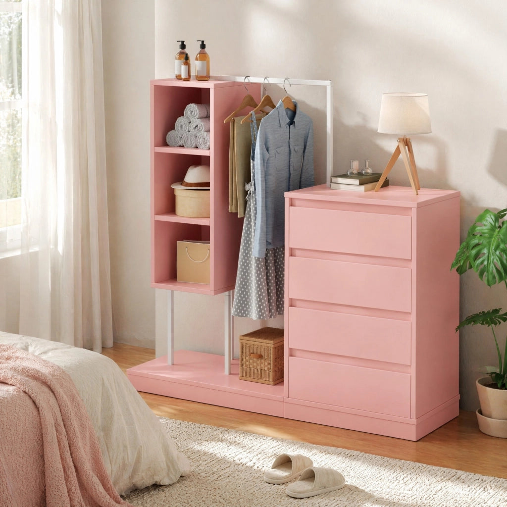 ARMADIO con barra appendiabiti, 4 cassetti e 3 ripiani aperti 100x40x135 cm Rosa/Bianco