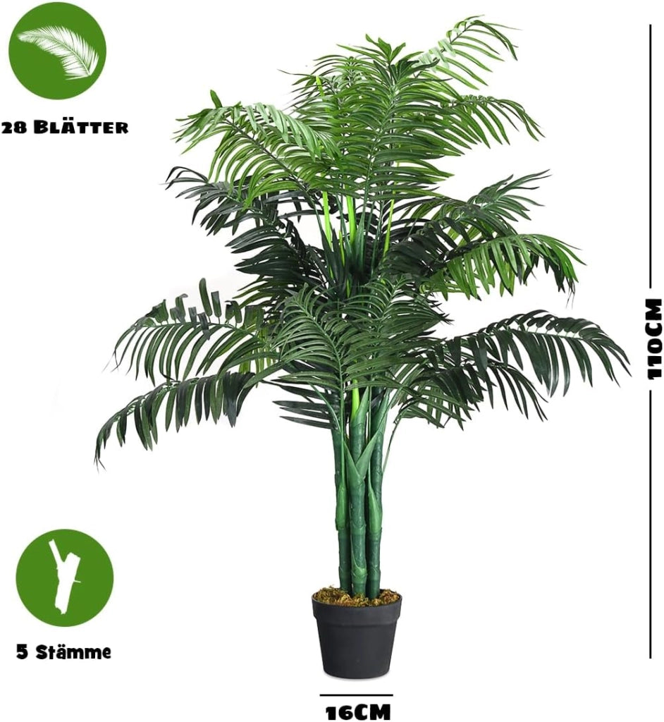 Pianta artificiale, palma artificiale, 110 cm, pianta da interno in vaso, albero artificiale, grande pianta decorativa per giardino, soggiorno e ufficio