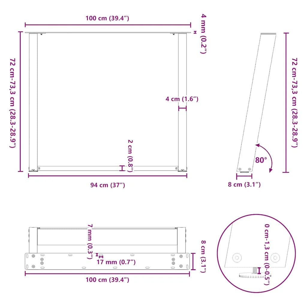 Set di 2 gambe regolabili per tavolo da pranzo a forma di U 100 x 73 cm in acciaio verniciato a polvere naturale 02_0057087