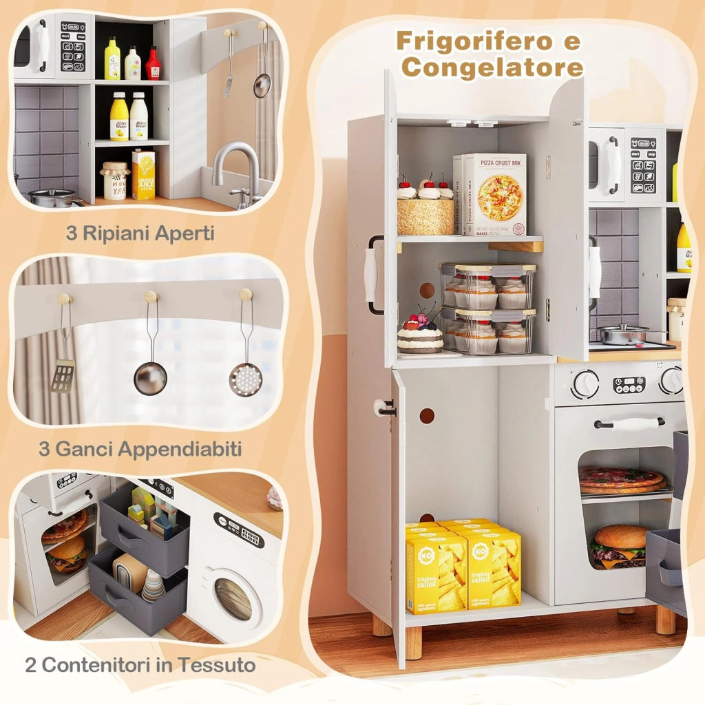 Cucina Giocattolo per Bambini, Cucina da Gioco ad Angolo con Fornelli, Frigorifero, Macchina da Caffè, Microonde, Lavatrice e Accessori, con Suoni e Luci per Bambini 3+ Anni (Bianco)