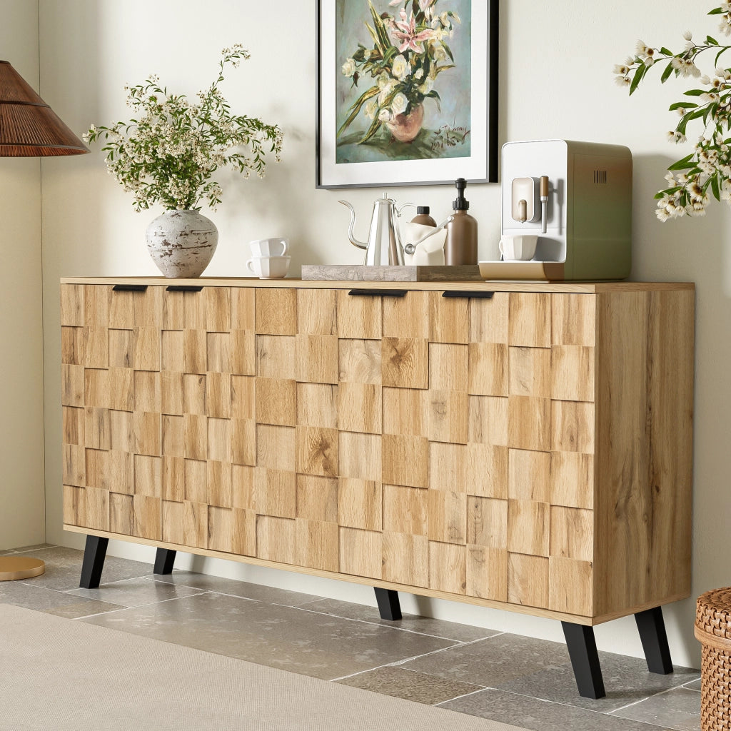 Credenza con 4 Ante e Ripiani Regolabili; Motivo Geometrico; in Pannello Truciolare; Legno; 160;5¡Á35;5¡Á78 cm