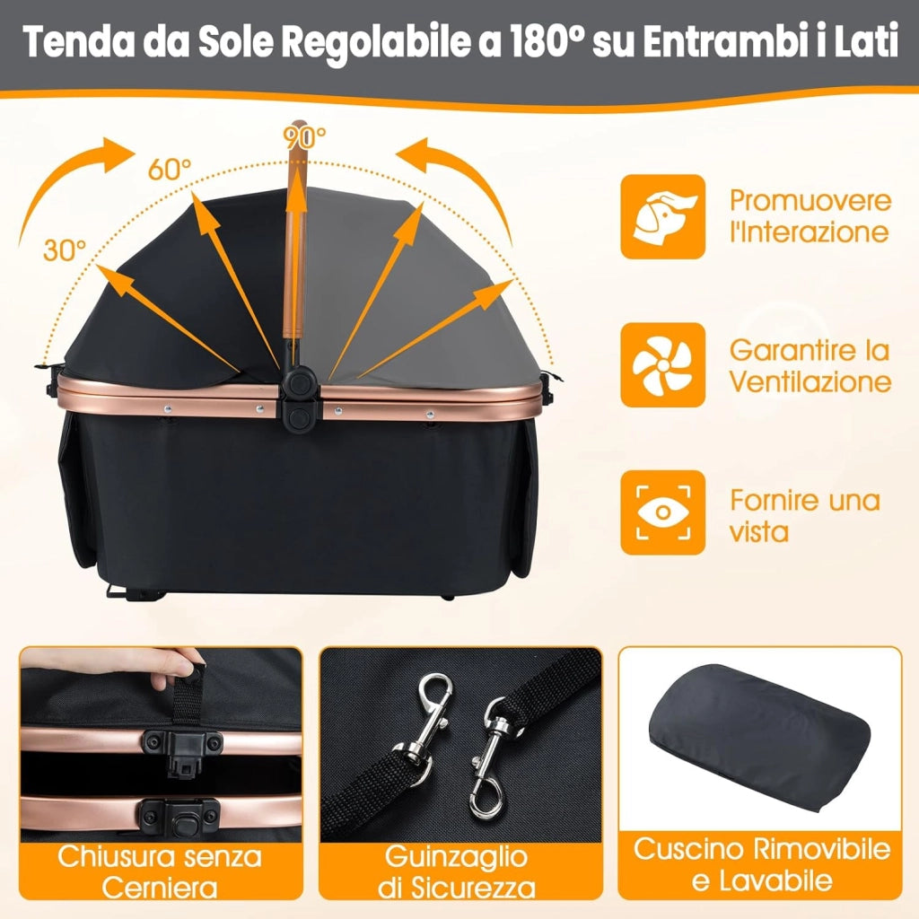 Passeggino Pieghevole per Cani 3 in 1, Carrozzino per Animali con Portapacchi Rimovibile, Tettuccio, Cuscino Rimovibile, Cintura di Sicurezza, Cestino e Portabicchiere, Portata 25 kg