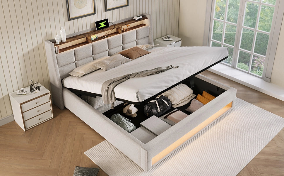 DESMIU Letto contenitore Letto matrimoniale con USB e LED regolabile 140 × 200 cm, senza materasso, lino