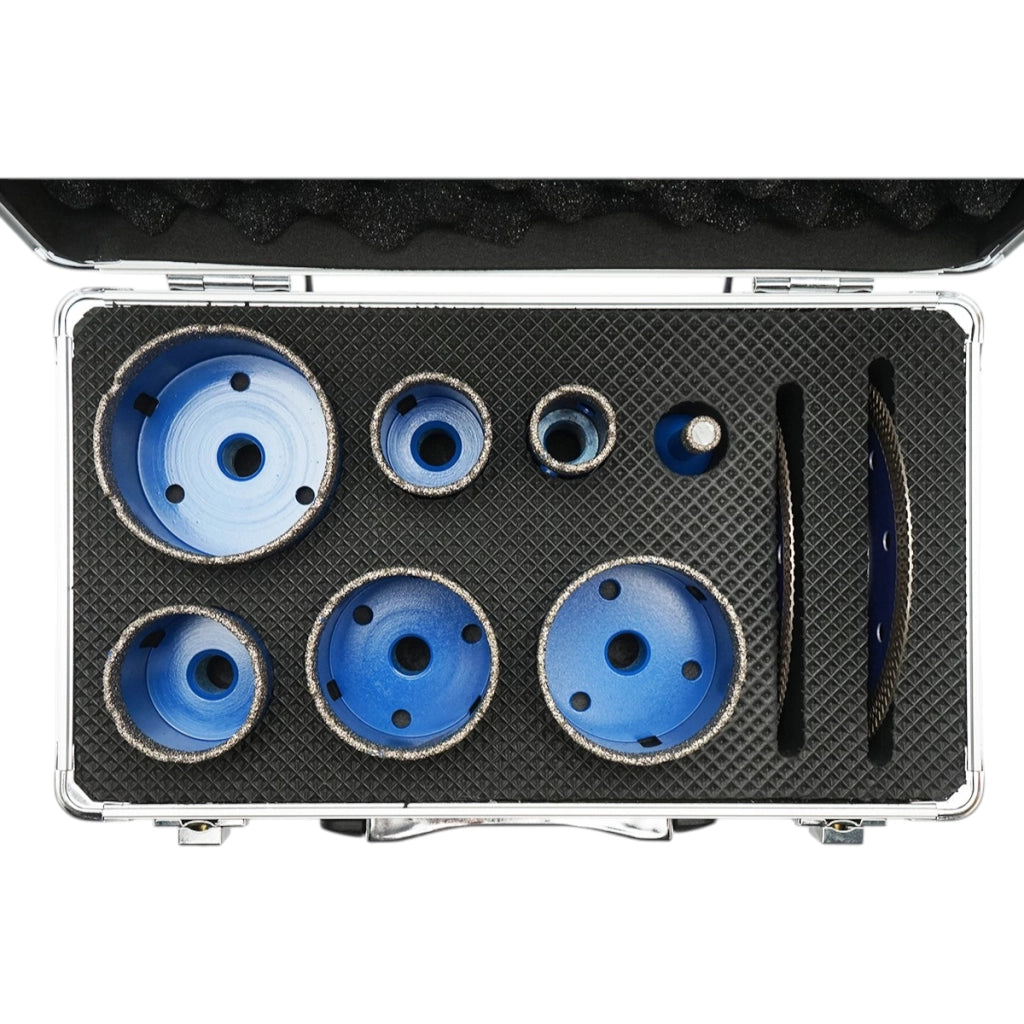 Set di 7 punte diamantate a corona da 10-68 mm, filettatura interna M14 + 2 dischi da 115 e 125 mm per piastrelle in ceramica, marmo e granito Breckner Germany