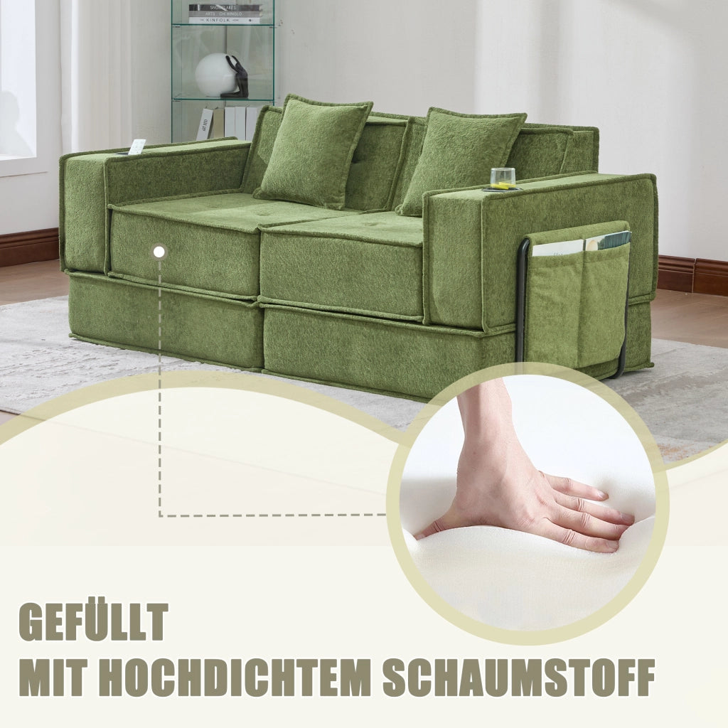 Pouf modulare con cuscini e tasche laterali per lettura e relax in ciniglia verde per salotto 162 × 78 × 66 cm
