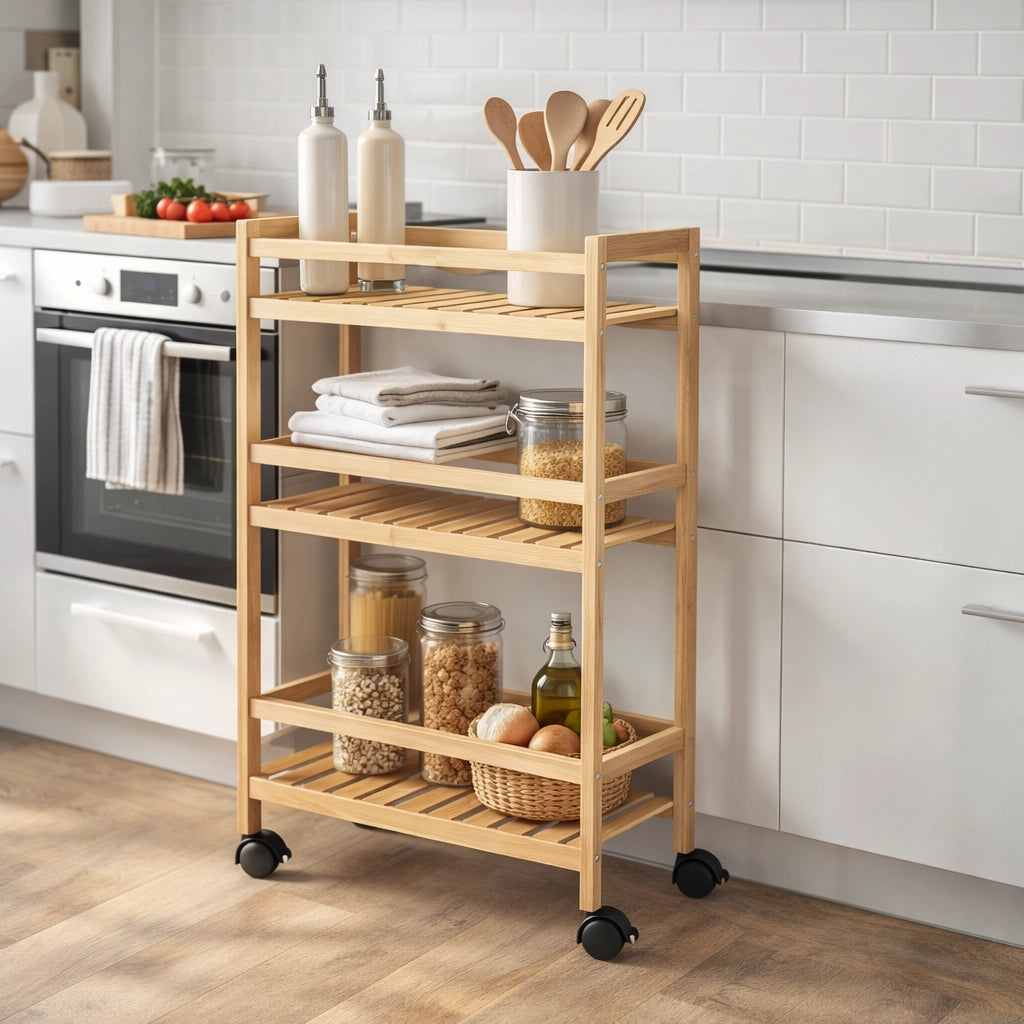 Carrello in Legno Bambù Slim 3 Ripiani con Ruote 45x22 h80 Cucina Bagno Ufficio