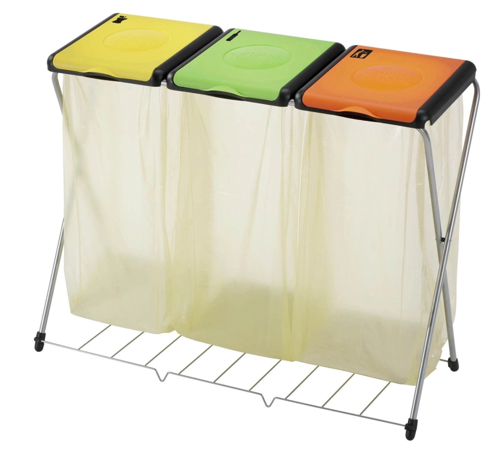 Gimi 154404 Nature Plus 3 Portarifiuti per Raccolta Differenziata 3 Scomparti 130 L con Coperchi Colorati e Griglia Reggisacco colore Verde Arancione Giallo