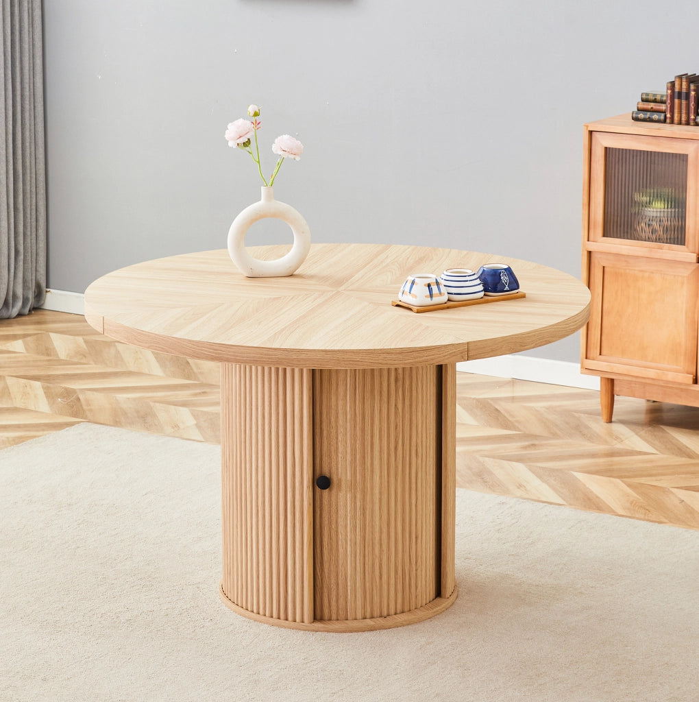 Tavolo rotondo 115x115x74 cm con contenitore; struttura stabile in MDF; naturale