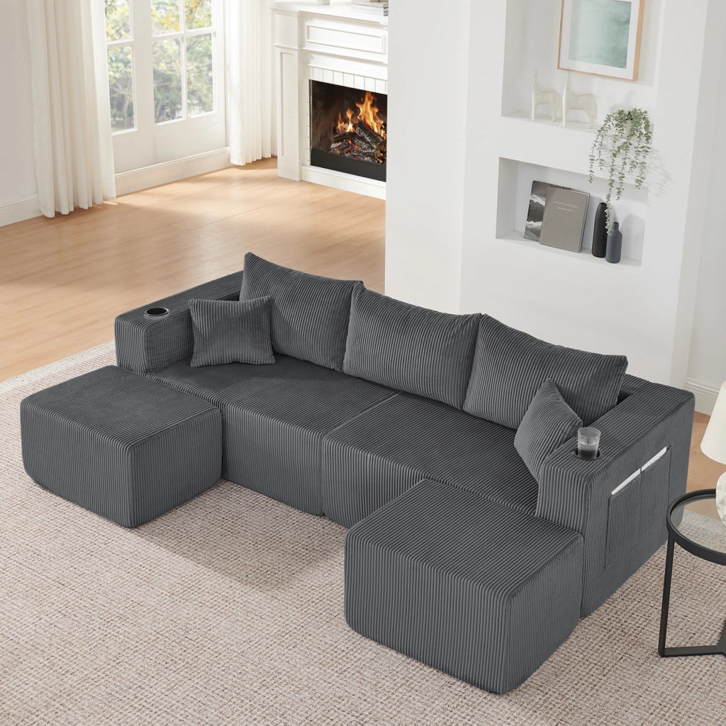 Divano angolare modulare 3 posti con pouf mobili, portabicchieri, tasche laterali e cuscini in tessuto a coste grigio