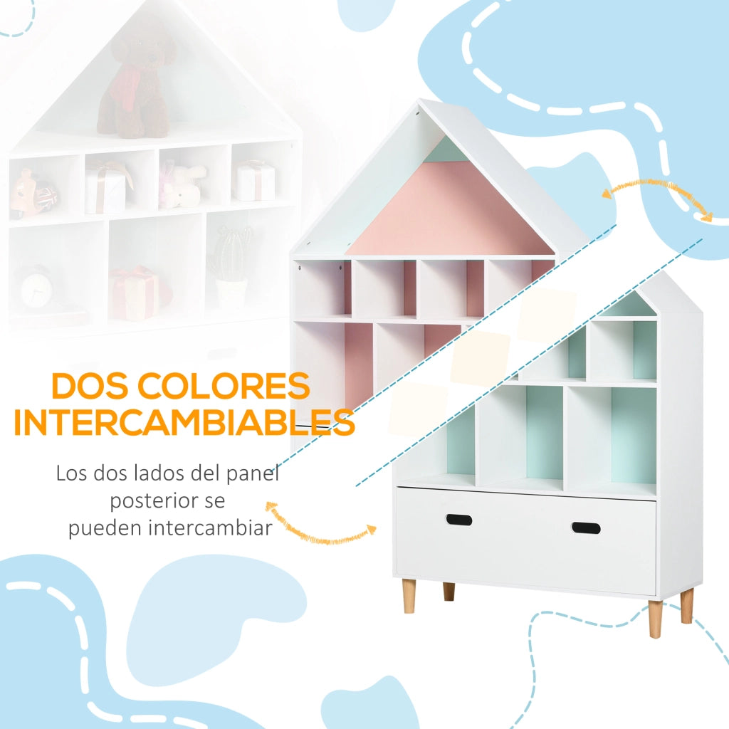 Libreria per Bambini a Forma di Casa in Legno ¨C zephmum ¨C 8 Ripiani Aperti con Cassetto, Bianco, 82x30x126 cm