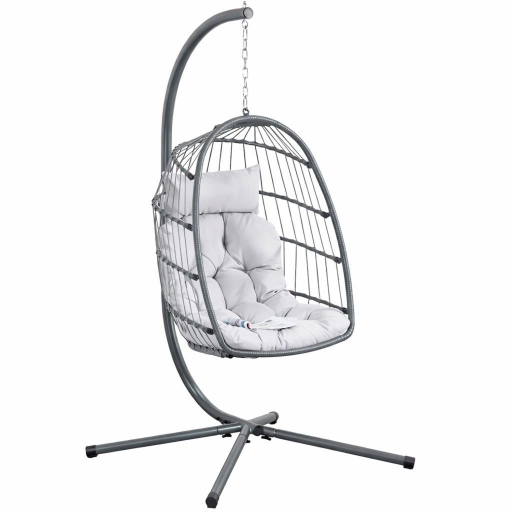 Poltrona Sospesa Da Giardino In Metallo Con Cuscino Imbottito Pieghevole Per Balcone E Terrazzo 105 x 105 x 198 Cm Grigio Chiaro
