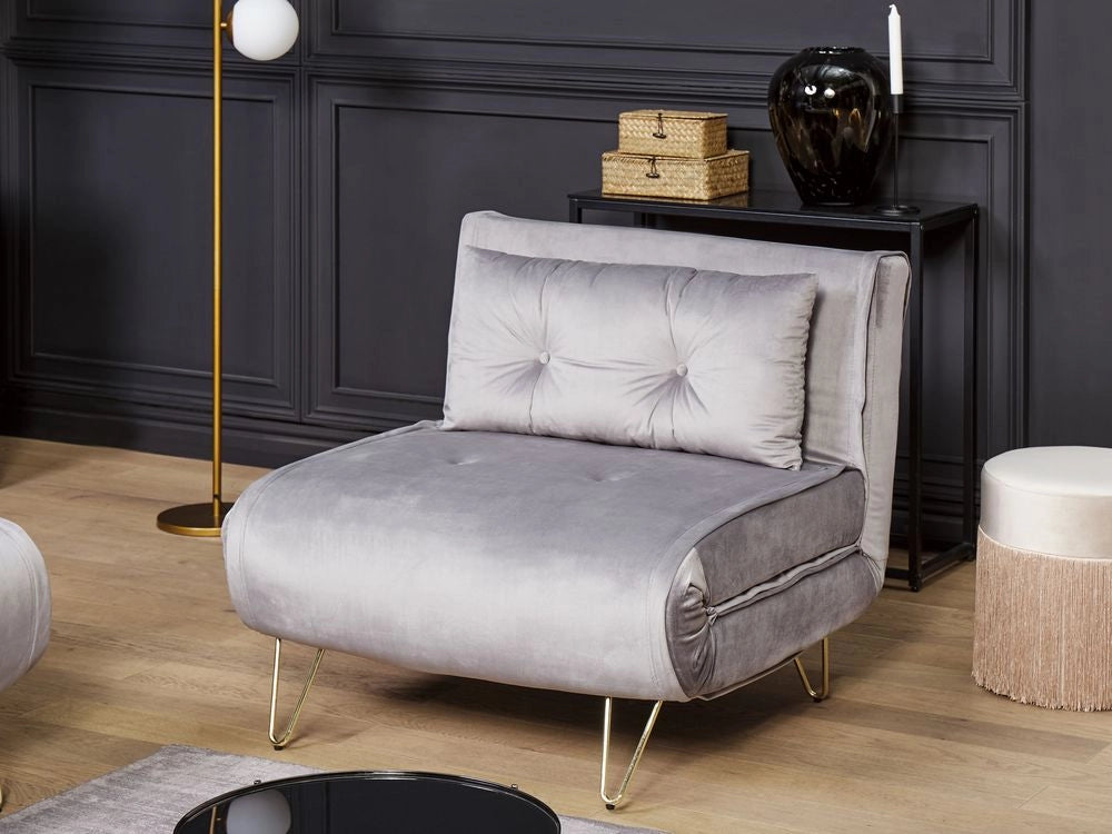 Divano letto piccolo velluto grigio 1 posto letto pieghevole senza braccioli con cuscino gambe in metallo dorato glamour