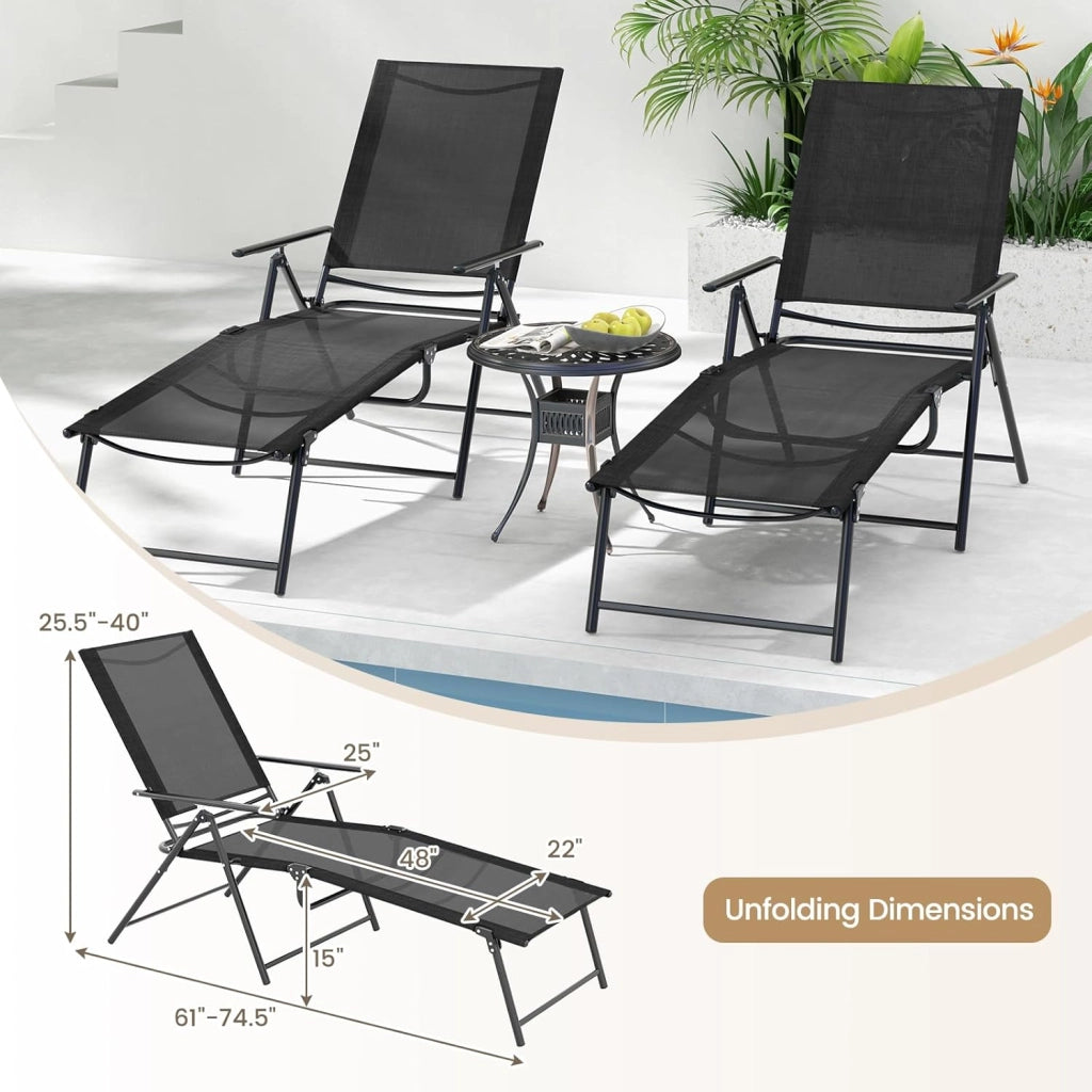 Set di 2 Sedie a Sdraio Pieghevolecon Schienale Regolabile e Poggiapiedi, Capacità di Carico 150 kg, Lettino Prendisole da Giardino Ideali per Patio, Giardino e Piscina, Nero