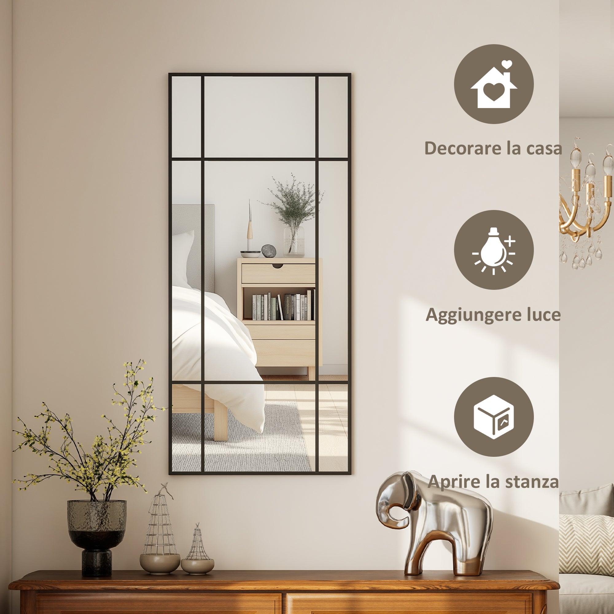 Specchio da Parete Stile Finestra 110x50 cm con Montaggio Verticale e Orizzontale Nero