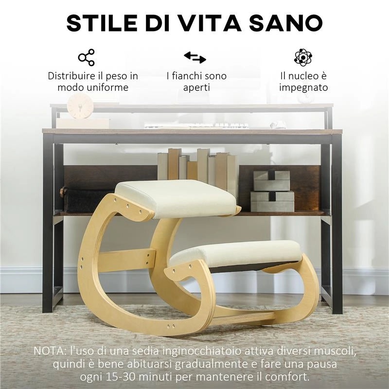 SEDIA ERGONOMICA CPN INGINOCCHIATOIO + MOVIMENTO A DONDOLO, IN TESSUTO EFFETTO LINO E LEGNO DI BETULLA, 55X85X55 CM, CREMA