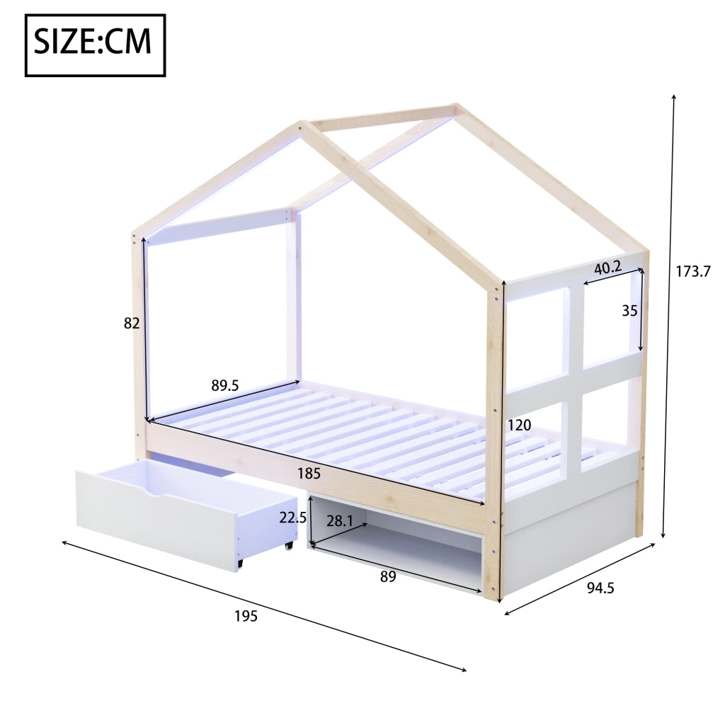 Letto per bambini 90 × 190 cm con cassetto contenitore, scarpiera e LED multicolore, senza materasso, legno naturale