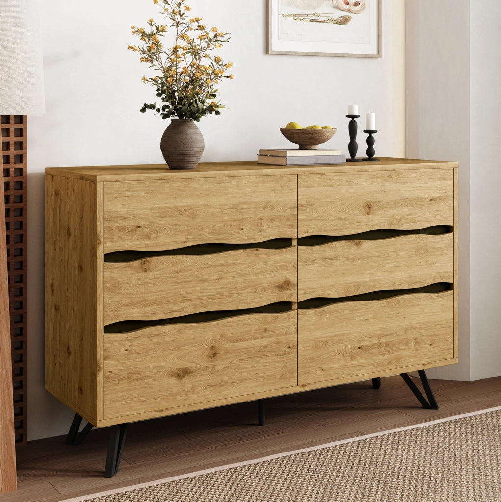 Credenza moderna con 6 cassetti, effetto legno e piedi in metallo