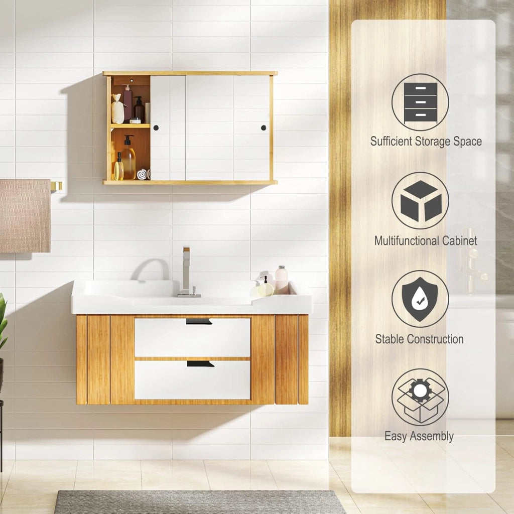 Set di mobili da bagno con armadietto a specchio, per bagno, in bambù, modello 6