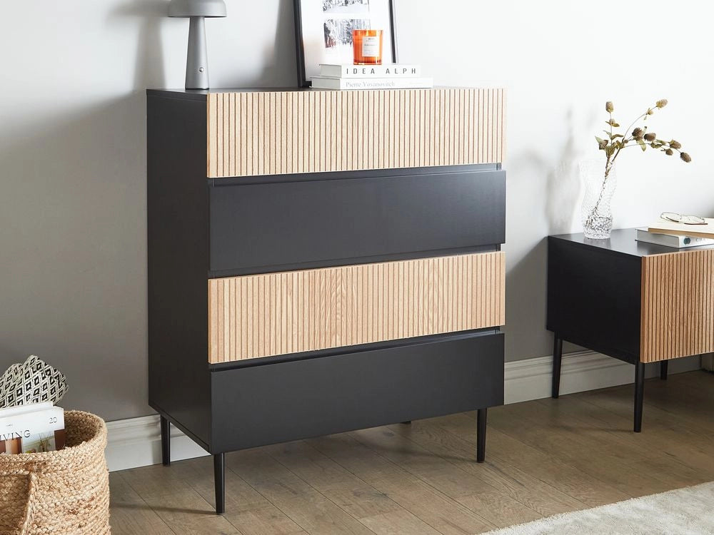 Cassettiera a 4 cassetti in legno di frassino naturale MDF nero a coste Soggiorno Camera da letto Moderna Stoccaggio