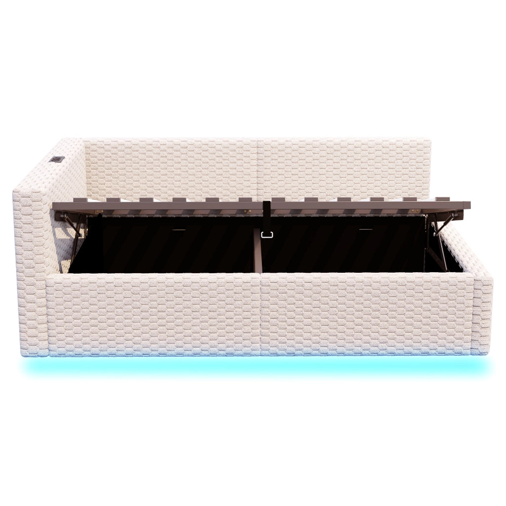 Letto imbottito singolo 90×200 cm con contenitore; LED; USB e Type-C; senza materasso; velluto; beige