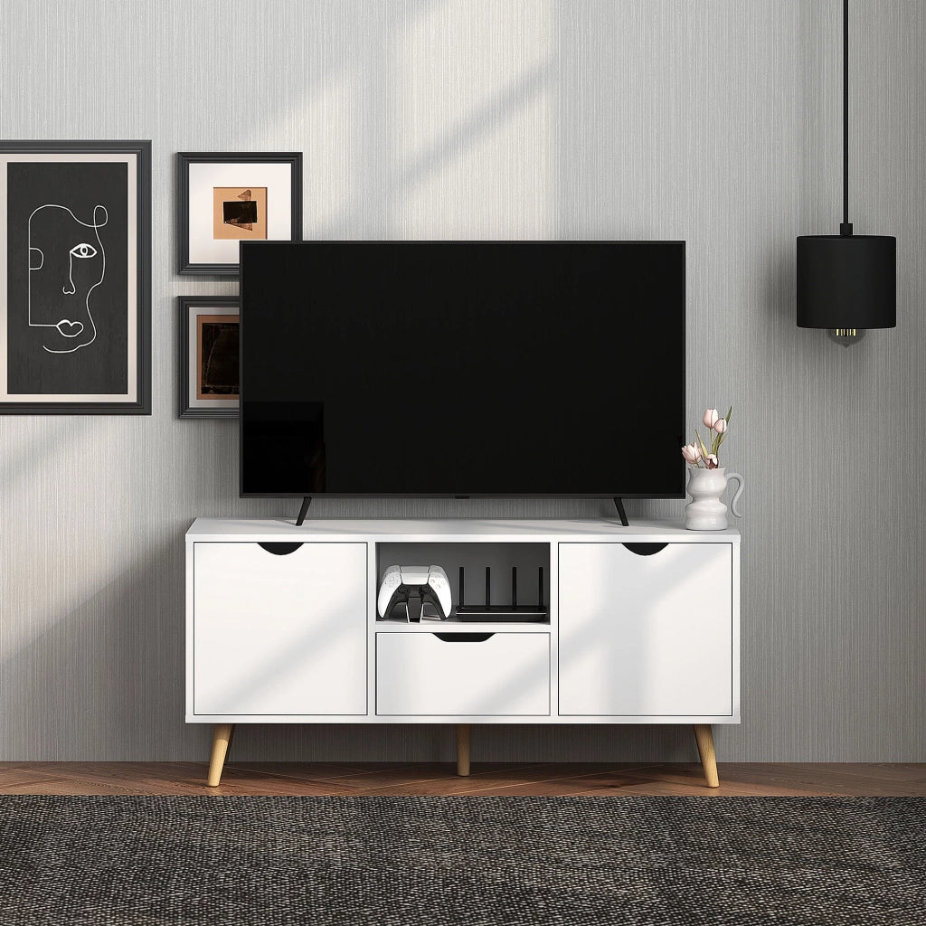 Mobile TV Max 50" con Cassetto, Ripiano Aperto e Armadietti 110x40x50 cm Bianco e Legno