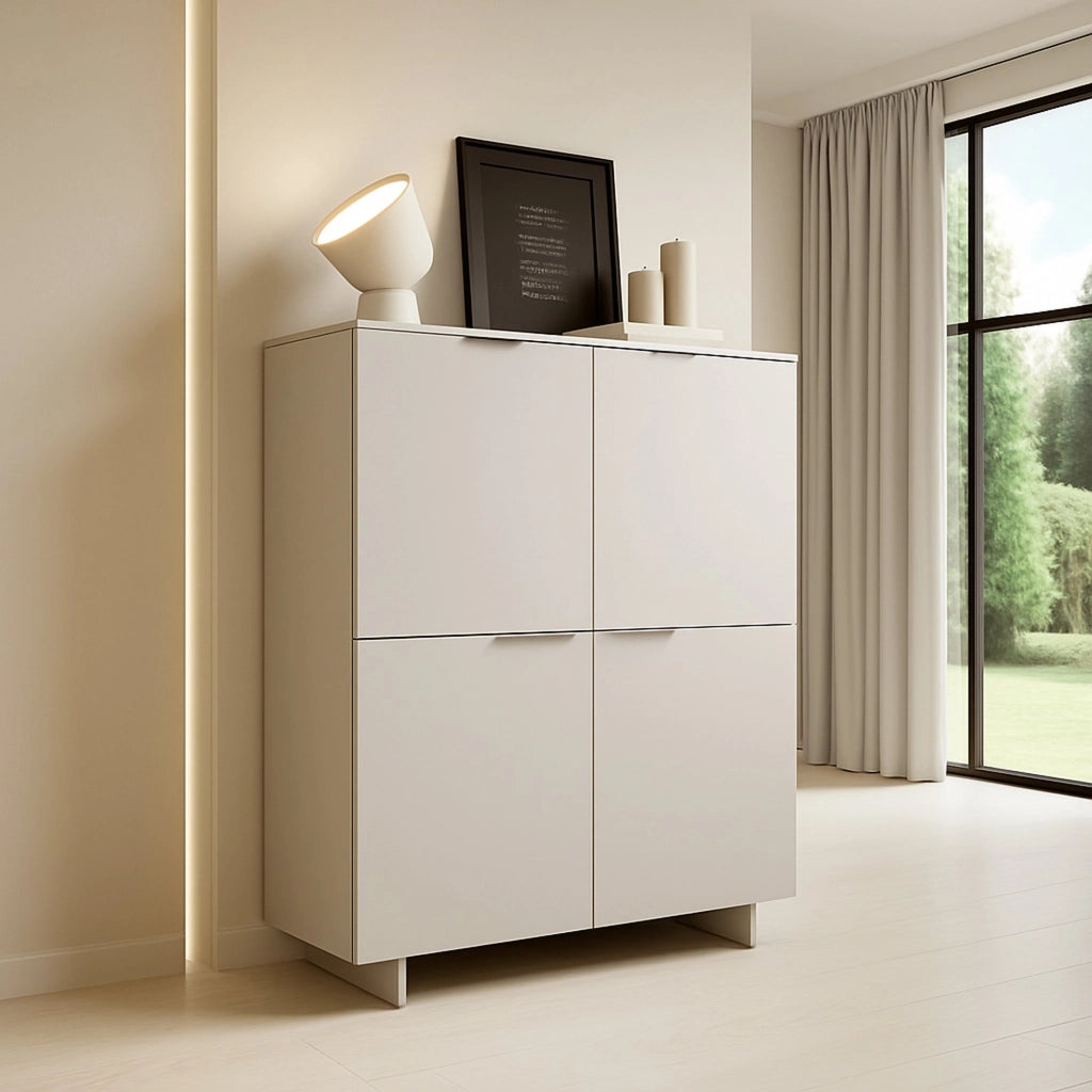 Credenza Colonno, Madia da salotto con quattro ante battenti, Rialzato da terra, 100x42 h145 cm, Beige