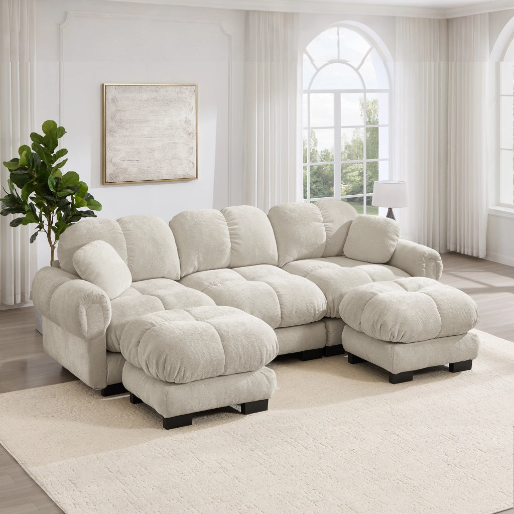 Divano modulare con pouf mobili trapuntato seduta morbida e stabile in chenille kaki chiaro 260 × 149 × 90 cm
