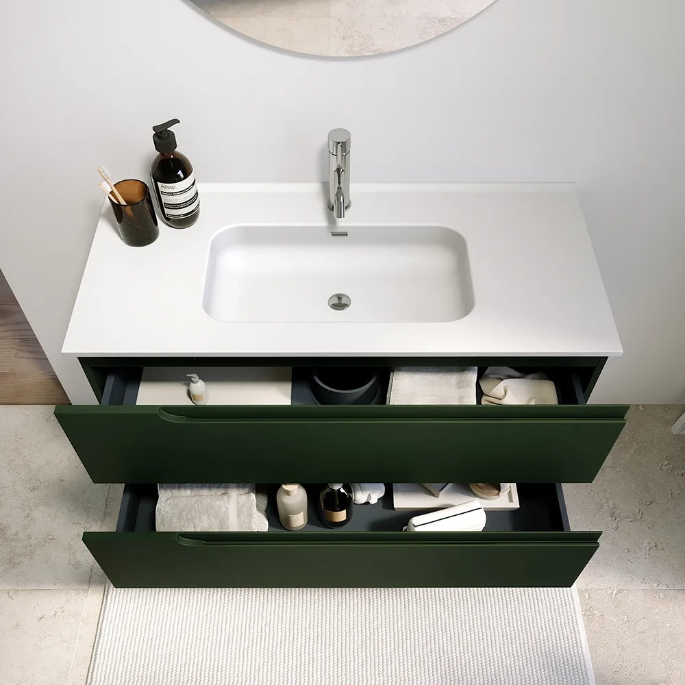 Mobile bagno sospeso 80 cm due cassetti verde foresta opaco con lavabo | Ardenne