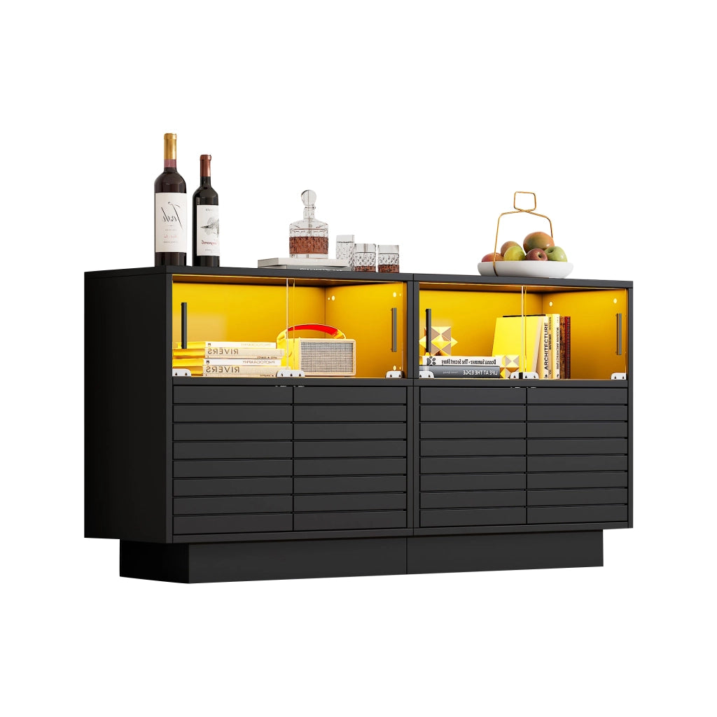 Credenza con 4 Ante Scorrevoli in Vetro e LED; Stile Industriale Moderno; in Pannello Truciolare; 130??35??68 cm; Nero