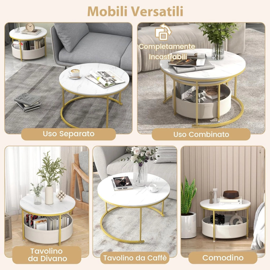 Set di 2 Tavolini Impilabili da Salotto con Piani Ampi e Cestino in Tessuto, Tavolini Sovrapponibili Rotondi in Legno con Struttura in Metallo per Soggiorno, Sala d'Attesa e Ufficio