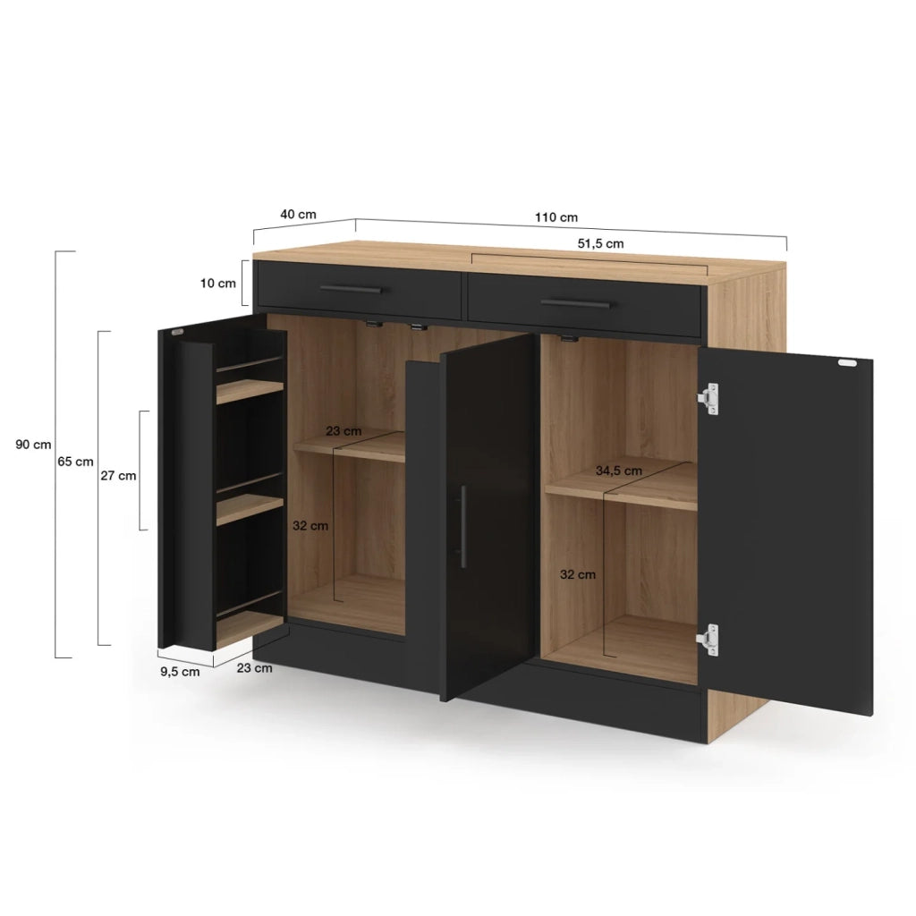 IDMarket - Cassettiera bassa da 110 cm ALTO con contenitori effetto faggio e nero