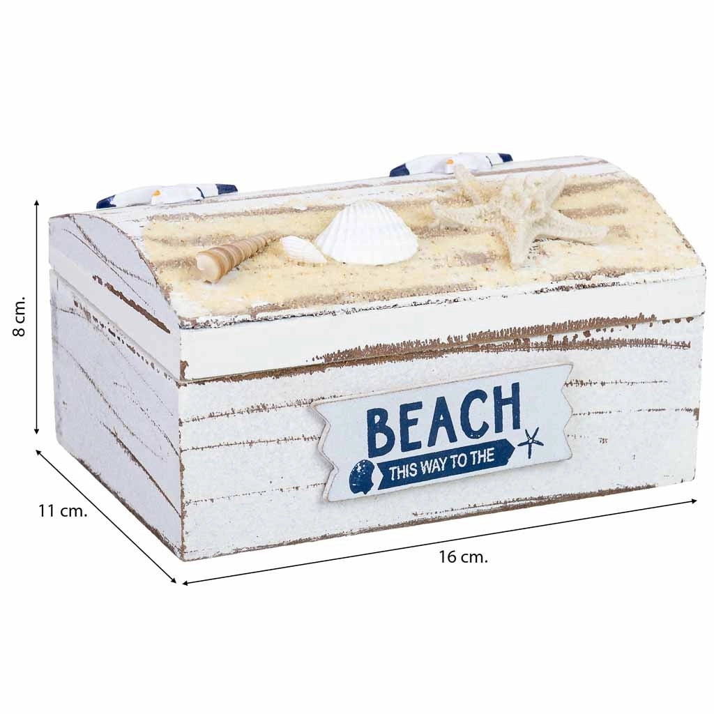 Scatola in legno bianco con conchiglie 16x11x8h cm