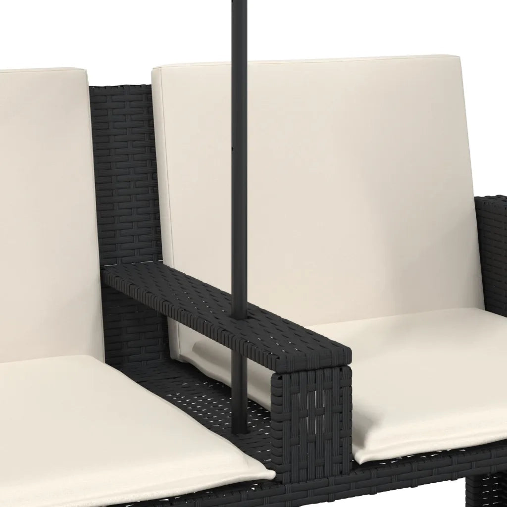 Divano Giardino 2 Posti-Sofa da Giardino-Divanetto da esterno Ombrellone e Sgabelli Nero Polyrattan 231656