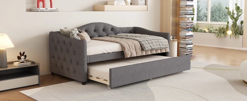 Letto divano 90 × 200 cm con letto estraibile, senza materasso, in lino, grigio, per camera e soggiorno