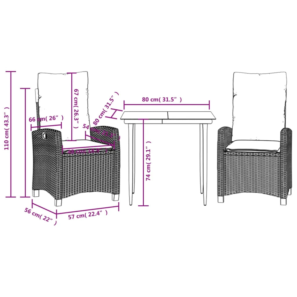 Set Pranzo da Giardino 3pz | Set Salotto da Giardino con Cuscini Grigio Chiaro Polyrattan