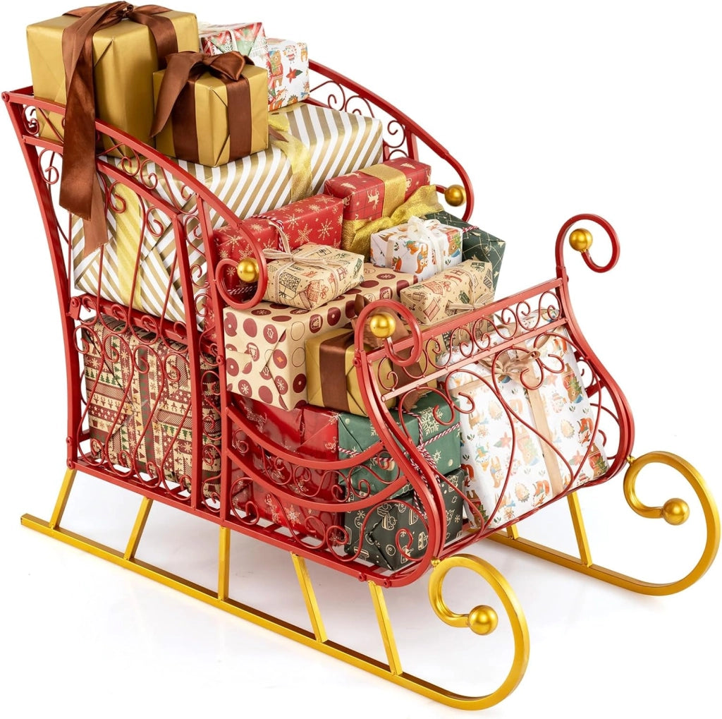COSTWAY Slitta di Babbo Natale, Slitta di Babbo Natale in Metallo con Portadoni a 2 Livelli, Decorazione Natalizia con Stelle Dorate, per Casa, Negozio e Ufficio (Modello 3)