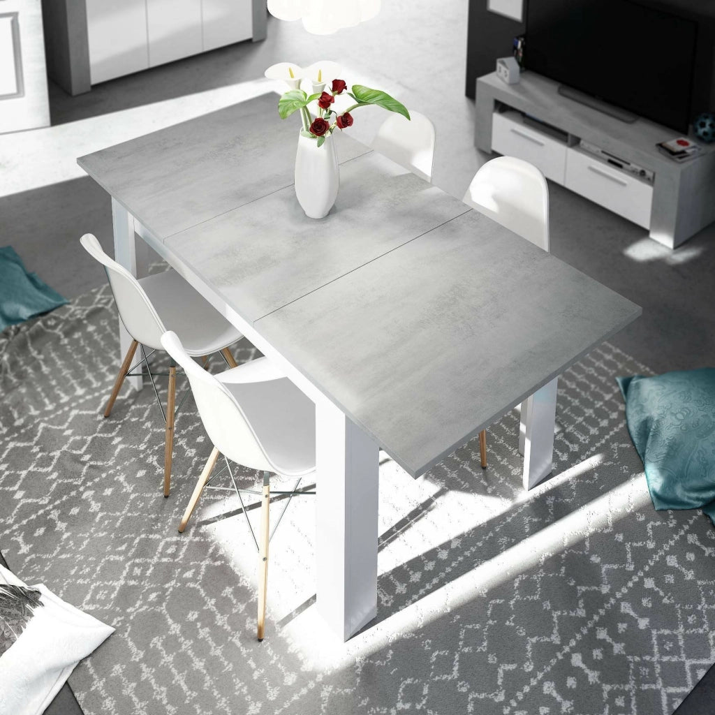 Tavolo allungabile Abudula, Tavolo per sala da pranzo allungabile, Tavolo da pranzo estensibile con allunga, cm 140/190x90h78, Cemento e Bianco