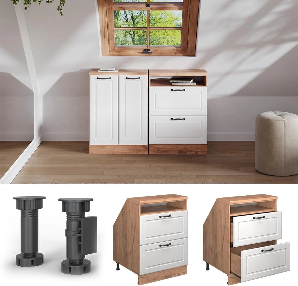 Mobile sottotetto Rion, Bianco casa di campagna, 60 x 81.6 cm con 2 cassetti, carcassa 60 cm profondità, adatto per il salvaspazio sotto tetti spioventi