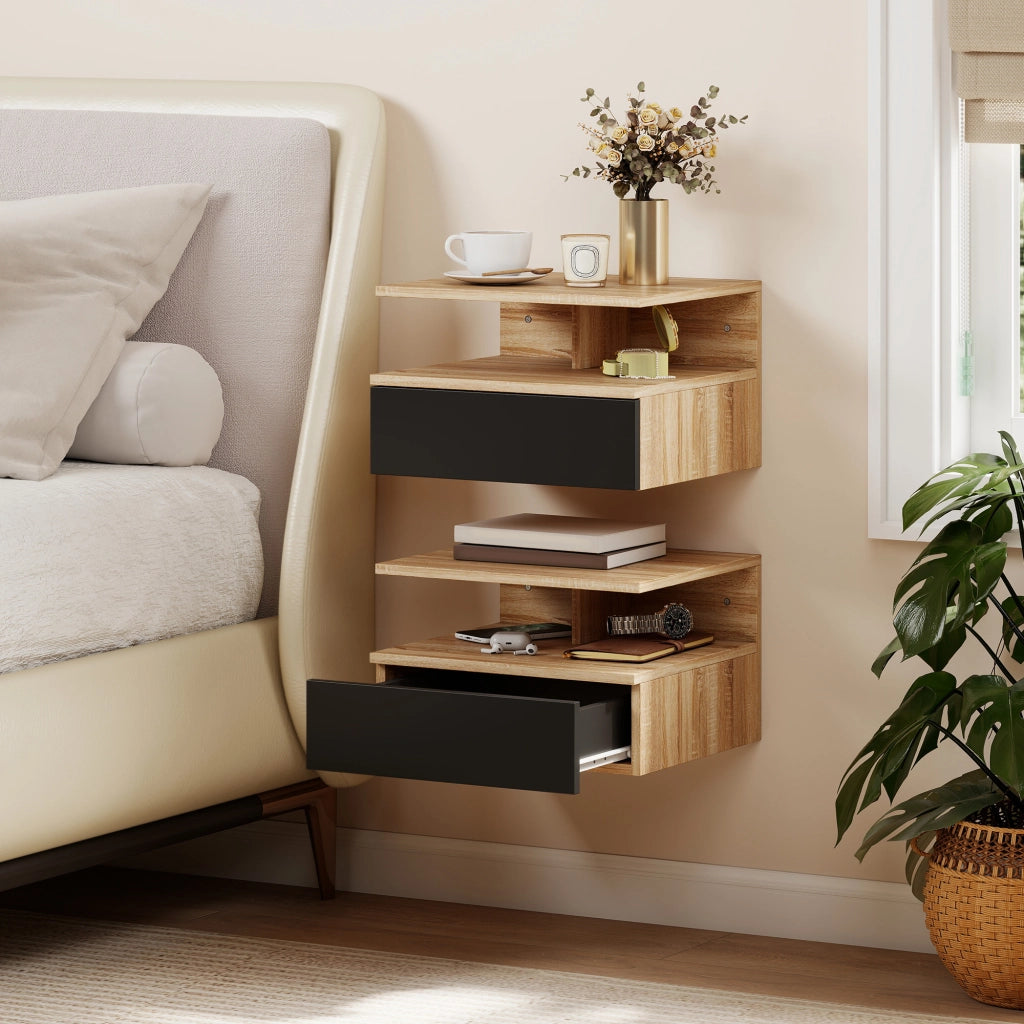 Comodini Sospesi con Cassetto e Mensola Aperta ¨C Zephmum ¨C Nero e Rovere 35x32x22.5 cm